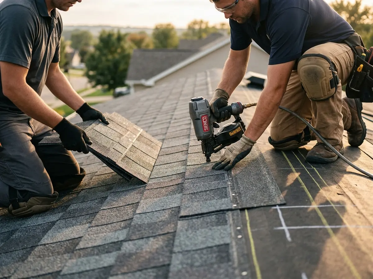 Professional roofer working on a residential roof in Mayflower Village